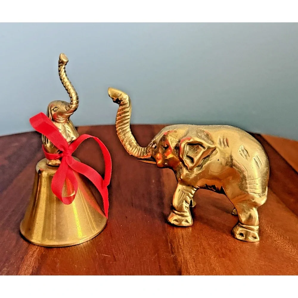 Lot of 2 Vintage Brass Elephants Figurine Bell Lucky Trunk Up Trinkets Mini